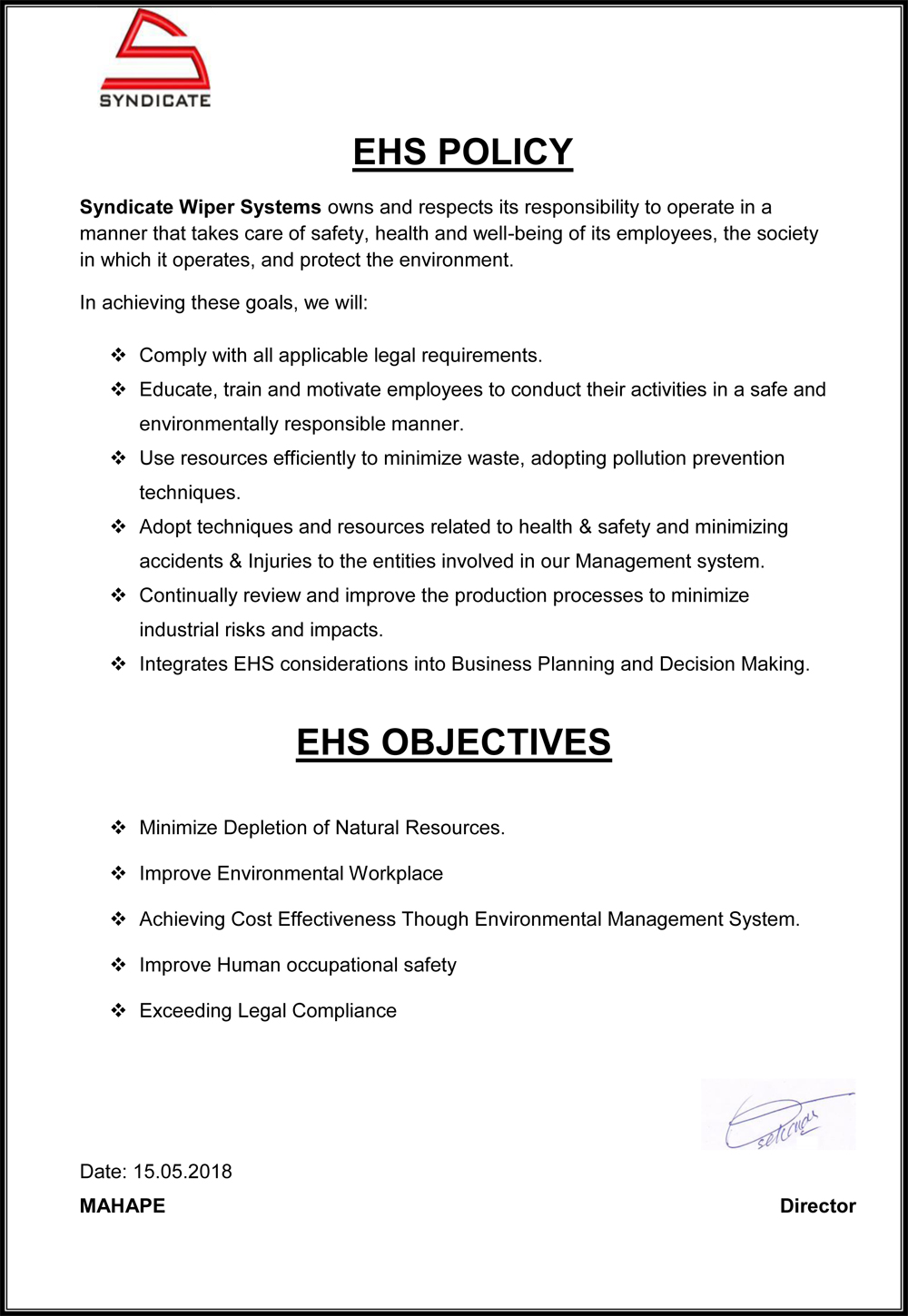 EHS policy